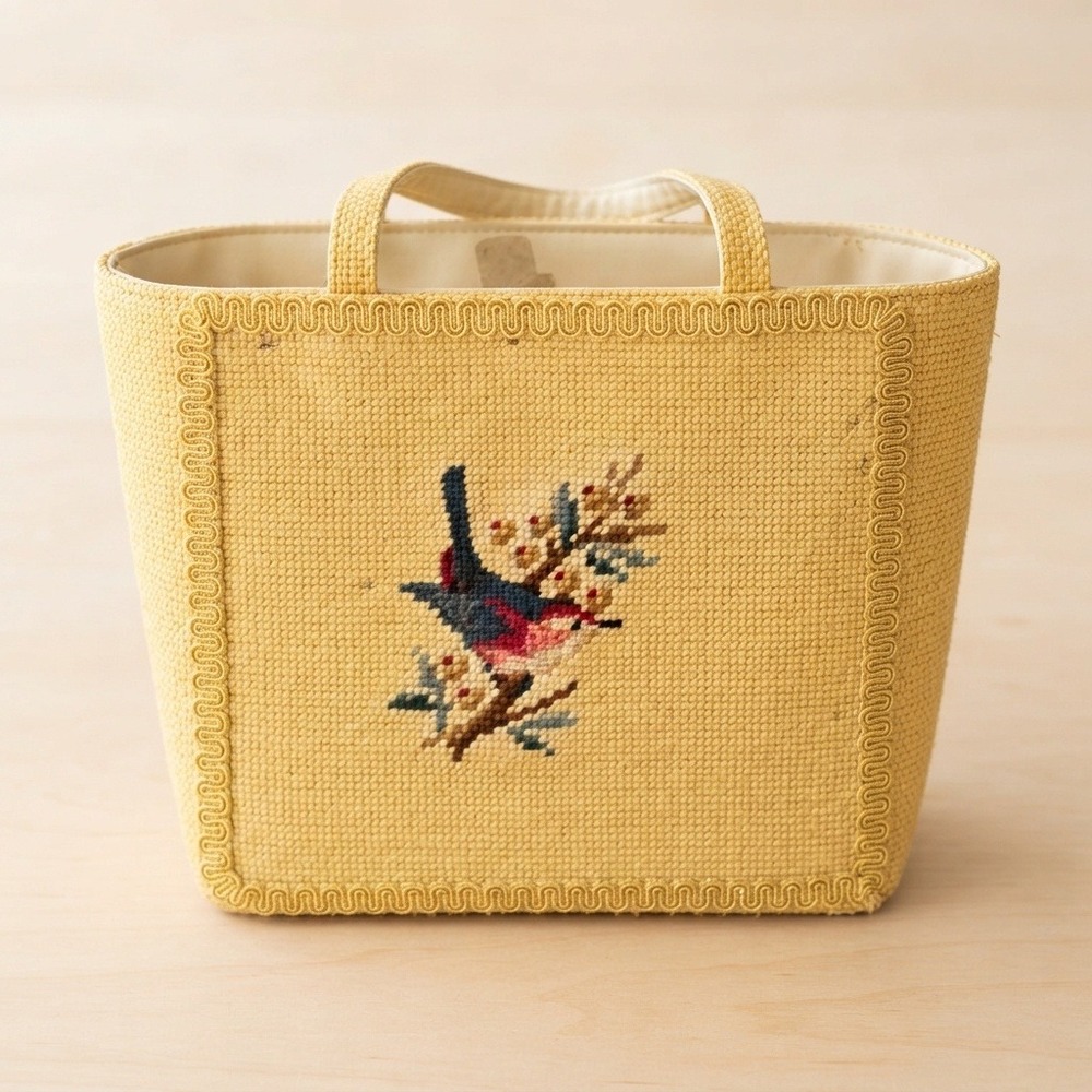 Tapestry Needlepoint Purse 1950s Handmade Petit Point Wool Bluebird Rare VTG